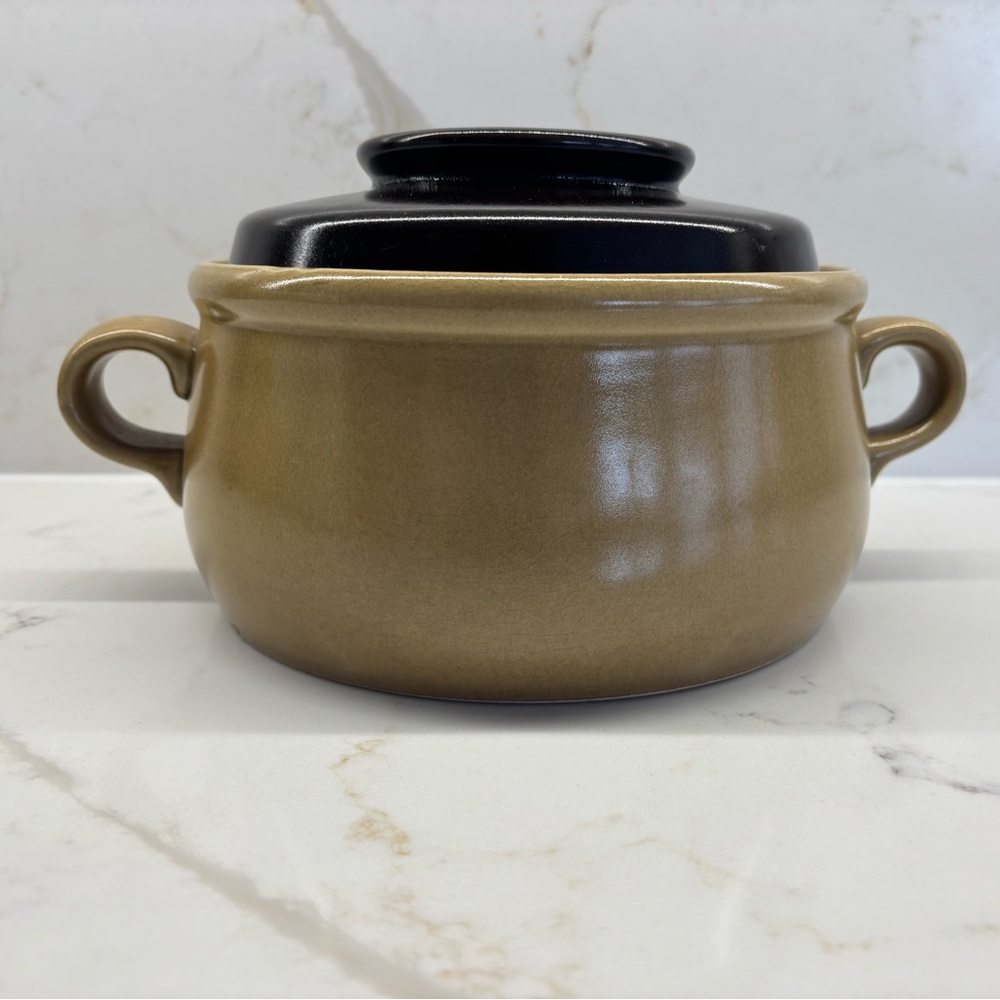 Vintage Hearthside Hand Painted Round Bean Pot with Lid Stoneware Japan MCM